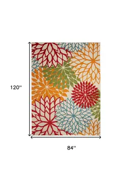 7' X 10' Green And Ivory Floral Indoor Outdoor Area Rug