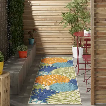 6' Ivory And Blue Indoor Outdoor Runner Rug