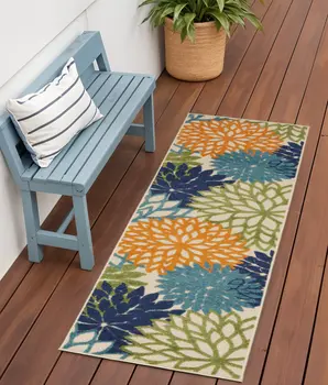 6' Ivory And Blue Indoor Outdoor Runner Rug