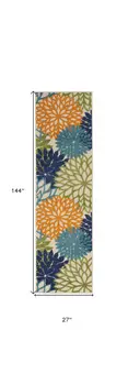 12' Ivory And Blue Floral Indoor Outdoor Runner Rug