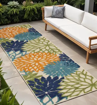 8' Ivory And Blue Indoor Outdoor Area Rug