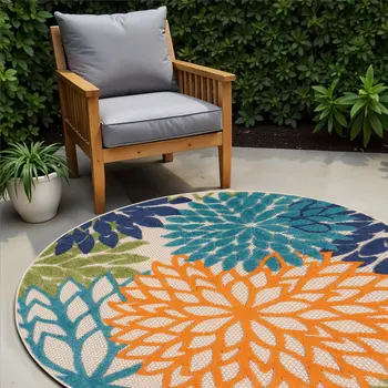 4' Ivory And Blue Round Indoor Outdoor Area Rug