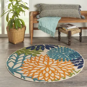4' Ivory And Blue Round Indoor Outdoor Area Rug