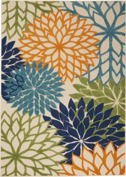 5' X 8' Ivory And Blue Floral Indoor Outdoor Area Rug