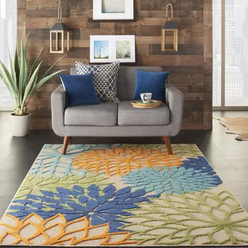 5' X 8' Ivory And Blue Floral Indoor Outdoor Area Rug