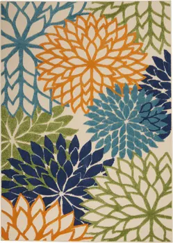 5' X 8' Ivory And Blue Floral Indoor Outdoor Area Rug