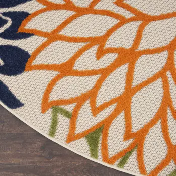 5' Ivory And Blue Round Indoor Outdoor Area Rug