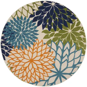 8' Ivory And Blue Round Indoor Outdoor Area Rug