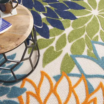 8' Ivory And Blue Round Indoor Outdoor Area Rug