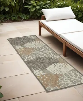 6' Gray And Ivory Floral Indoor Outdoor Area Rug