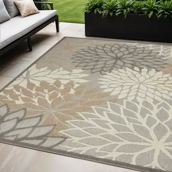 5' X 8' Gray And Ivory Floral Indoor Outdoor Area Rug