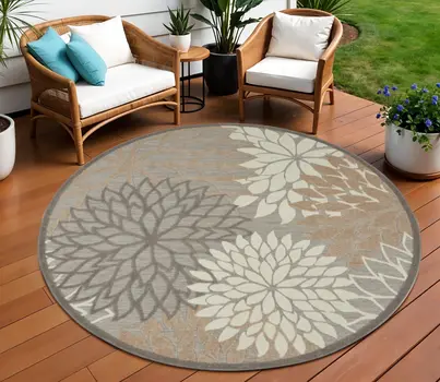 8' Gray And Ivory Round Indoor Outdoor Area Rug
