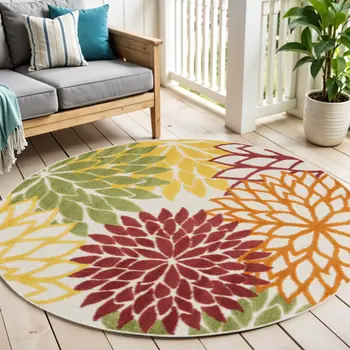5' Green And Ivory Round Indoor Outdoor Area Rug