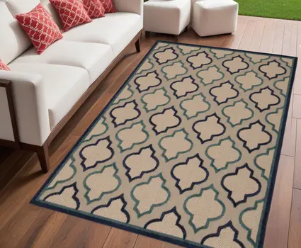 5' X 8' Blue And Ivory Indoor Outdoor Area Rug