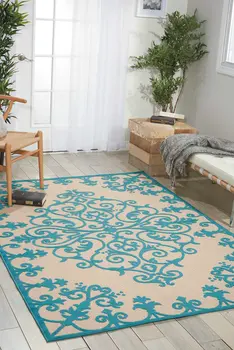 4' X 6' Aqua Damask Indoor Outdoor Area Rug