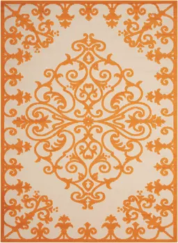 8' X 11' Orange And Ivory Damask Indoor Outdoor Area Rug