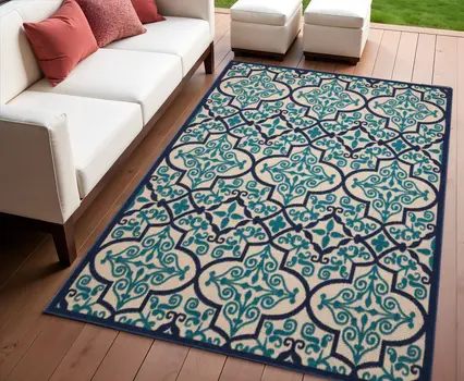 4' X 6' Blue And Ivory Moroccan Indoor Outdoor Area Rug