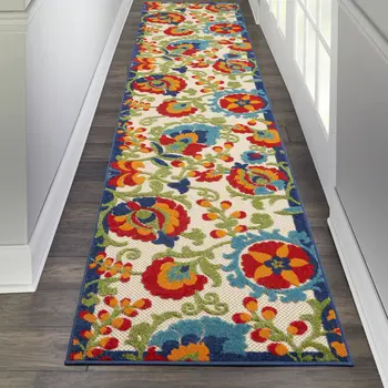 12' Green And Ivory Floral Indoor Outdoor Runner Rug
