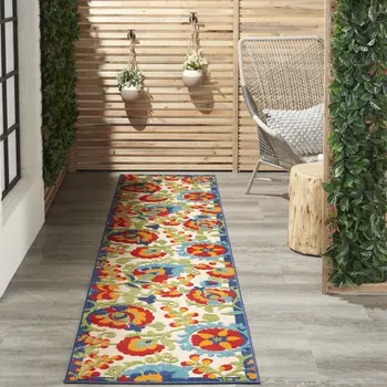 12' Green And Ivory Floral Indoor Outdoor Runner Rug