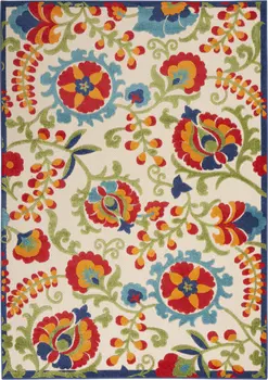 5' X 8' Green And Ivory Floral Indoor Outdoor Area Rug