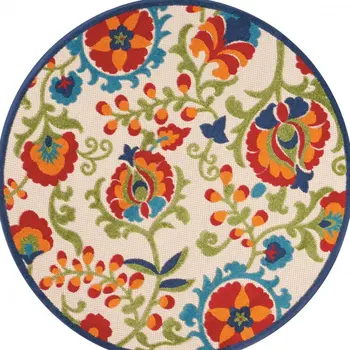 5' Green And Ivory Round Indoor Outdoor Area Rug