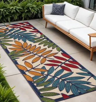 10' Ivory And Blue Floral Indoor Outdoor Area Rug