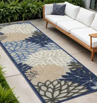 12' Blue And Gray Indoor Outdoor Runner Rug