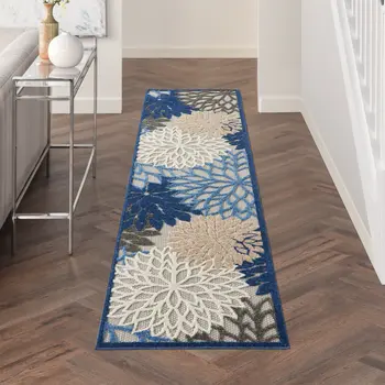 12' Blue And Gray Indoor Outdoor Runner Rug