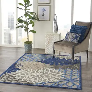 5' X 8' Blue And Gray Floral Indoor Outdoor Area Rug