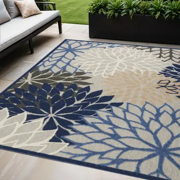 5' X 8' Blue And Gray Floral Indoor Outdoor Area Rug