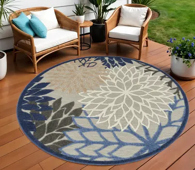 8' Blue And Gray Round Indoor Outdoor Area Rug
