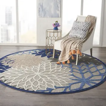 8' Blue And Gray Round Indoor Outdoor Area Rug