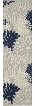 6' Ivory And Blue Floral Handmade Indoor Outdoor Runner Rug