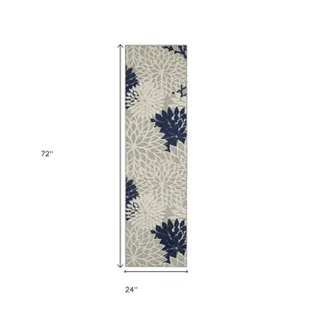 6' Ivory And Blue Floral Handmade Indoor Outdoor Runner Rug