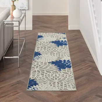 6' Ivory And Blue Floral Handmade Indoor Outdoor Runner Rug