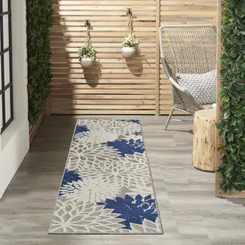 6' Ivory And Blue Floral Handmade Indoor Outdoor Runner Rug