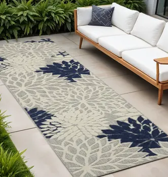 12' Ivory And Blue Indoor Outdoor Runner Rug