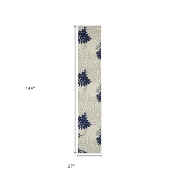 12' Ivory And Blue Indoor Outdoor Runner Rug