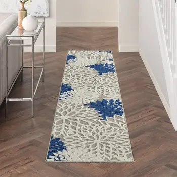 12' Ivory And Blue Indoor Outdoor Runner Rug