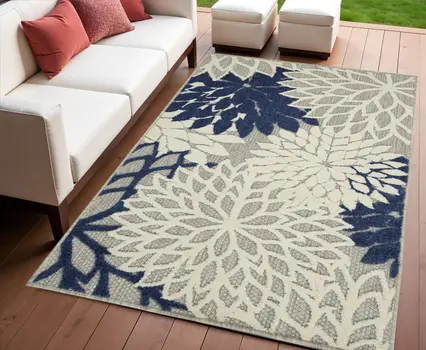 3' X 4' Ivory And Blue Indoor Outdoor Area Rug