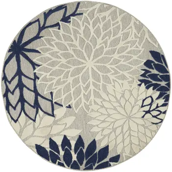 4' Ivory And Blue Round Indoor Outdoor Area Rug
