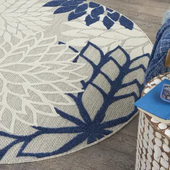 4' Ivory And Blue Round Indoor Outdoor Area Rug