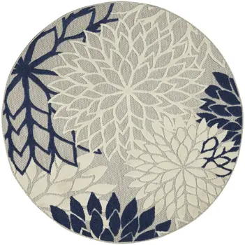 4' Ivory And Blue Round Indoor Outdoor Area Rug