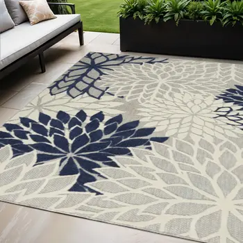 5' X 8' Ivory And Blue Floral Indoor Outdoor Area Rug