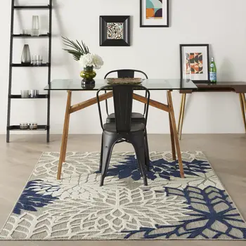 5' X 8' Ivory And Blue Floral Indoor Outdoor Area Rug