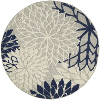 5' Ivory And Blue Round Indoor Outdoor Area Rug