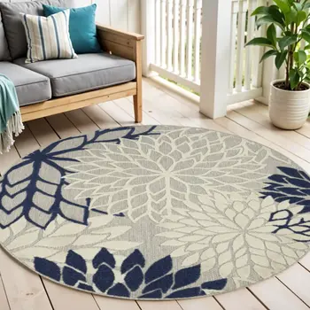 5' Ivory And Blue Round Indoor Outdoor Area Rug