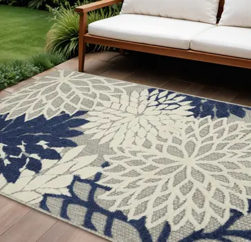 6' X 9' Ivory And Blue Indoor Outdoor Area Rug