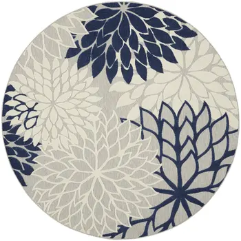 8' Ivory And Blue Round Indoor Outdoor Area Rug