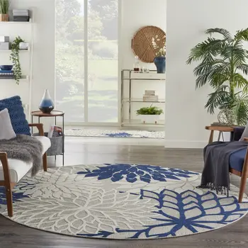 8' Ivory And Blue Round Indoor Outdoor Area Rug